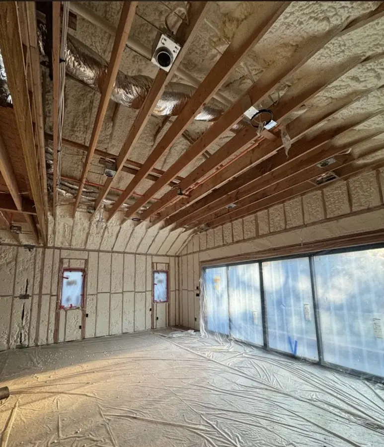 Interior walls and ceiling insulated with spray foam during new construction in Rancho Cucamonga